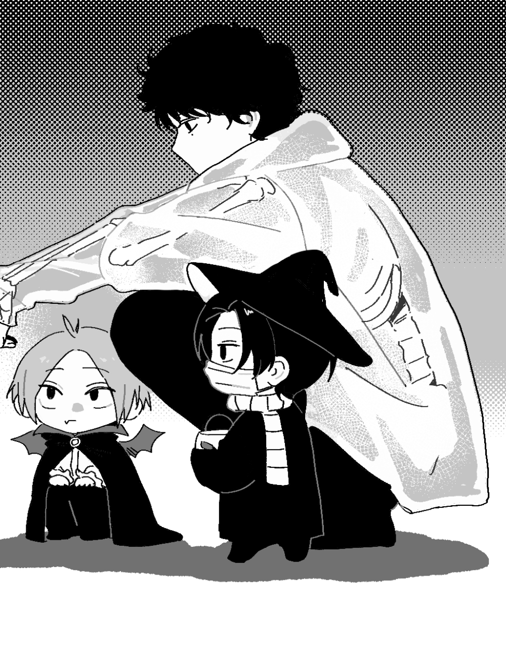 3boys 5a1_uei black_hair black_pants character_request chibi corrupted_twitter_file demon_wings dithered_background fang fang_out frilled_sleeves frills full_body gradient_background grey_hair halloween hat highres holding holding_pumpkin jacket long_sleeves looking_at_another looking_down looking_to_the_side mask monochrome mouth_mask multiple_boys nagumo_(sakamoto_days) osaragi_(sakamoto_days) pants pumpkin sakamoto_days scarf shadow shirt shishiba_(sakamoto_days) short_hair skin_fang squatting standing vampire_costume white_jacket white_shirt wings witch_hat
