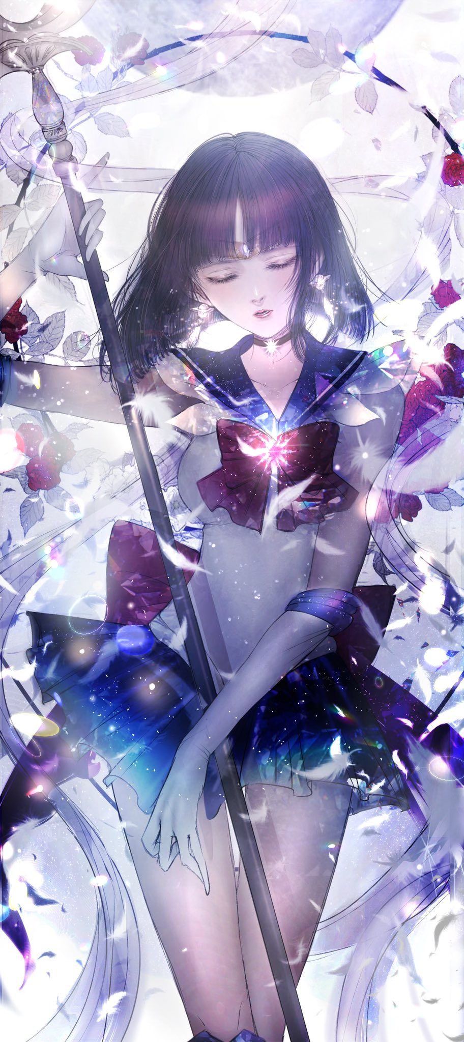 1girl abstract_background back_bow bishoujo_senshi_sailor_moon black_hair bow brooch brown_choker choker closed_eyes commentary_request cowboy_shot elbow_gloves expressionless facing_viewer flower gloves highres holding holding_polearm holding_weapon jewelry magical_girl pleated_skirt polearm purple_bow purple_sailor_collar purple_skirt red_flower red_rose rose sailor_collar sailor_saturn sailor_senshi_uniform satsuki_kei short_hair silence_glaive skirt solo spear standing star_(symbol) star_brooch star_choker tomoe_hotaru weapon white_gloves