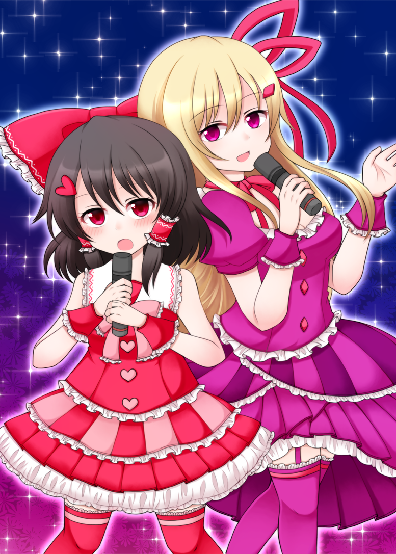 2girls bare_shoulders black_hair blonde_hair blush bow breasts cleavage flat_chest frilled_skirt frills hair_bow hair_ornament hair_ribbon hair_tubes hakurei_reimu heart heart_hair_ornament long_hair looking_at_viewer medium_breasts microphone multiple_girls music open_mouth puffy_short_sleeves puffy_sleeves purple_eyes purple_legwear purple_skirt red_bow red_eyes red_legwear red_skirt ribbon shiohachi short_sleeves singing skirt sleeveless smile sparkle_background standing thighhighs touhou wrist_cuffs yakumo_yukari