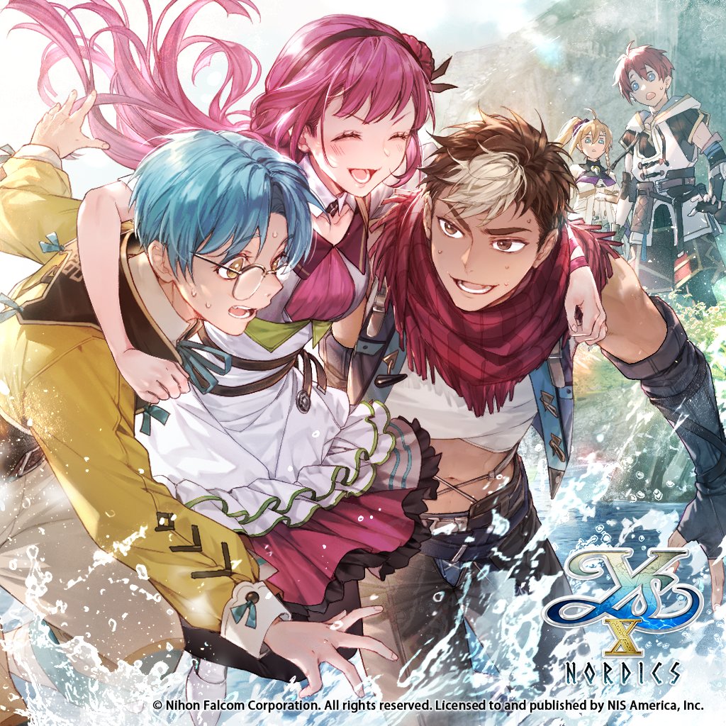 2girls 3boys achan_(blue_semi) adol_christin ahoge apron black_gloves black_hairband blonde_hair blue_eyes blue_hair blush brown_eyes brown_hair closed_eyes commentary_request copyright_name copyright_notice cruz_carpent dark-skinned_male dark_skin dress fingerless_gloves glasses gloves grenn_berge hair_between_eyes hair_ornament hair_scrunchie hairband karja_balta long_hair long_sleeves midriff multicolored_hair multiple_boys multiple_girls navel official_art open_mouth pink_hair purple_scrunchie red_hair red_scarf rosalind_rusveri round_eyewear scarf scrunchie shirt short_hair short_sleeves side_ponytail sleeveless smile sweat sweatdrop two-tone_hair waist_apron water white_hair yellow_eyes yellow_shirt ys ys_x:_nordics