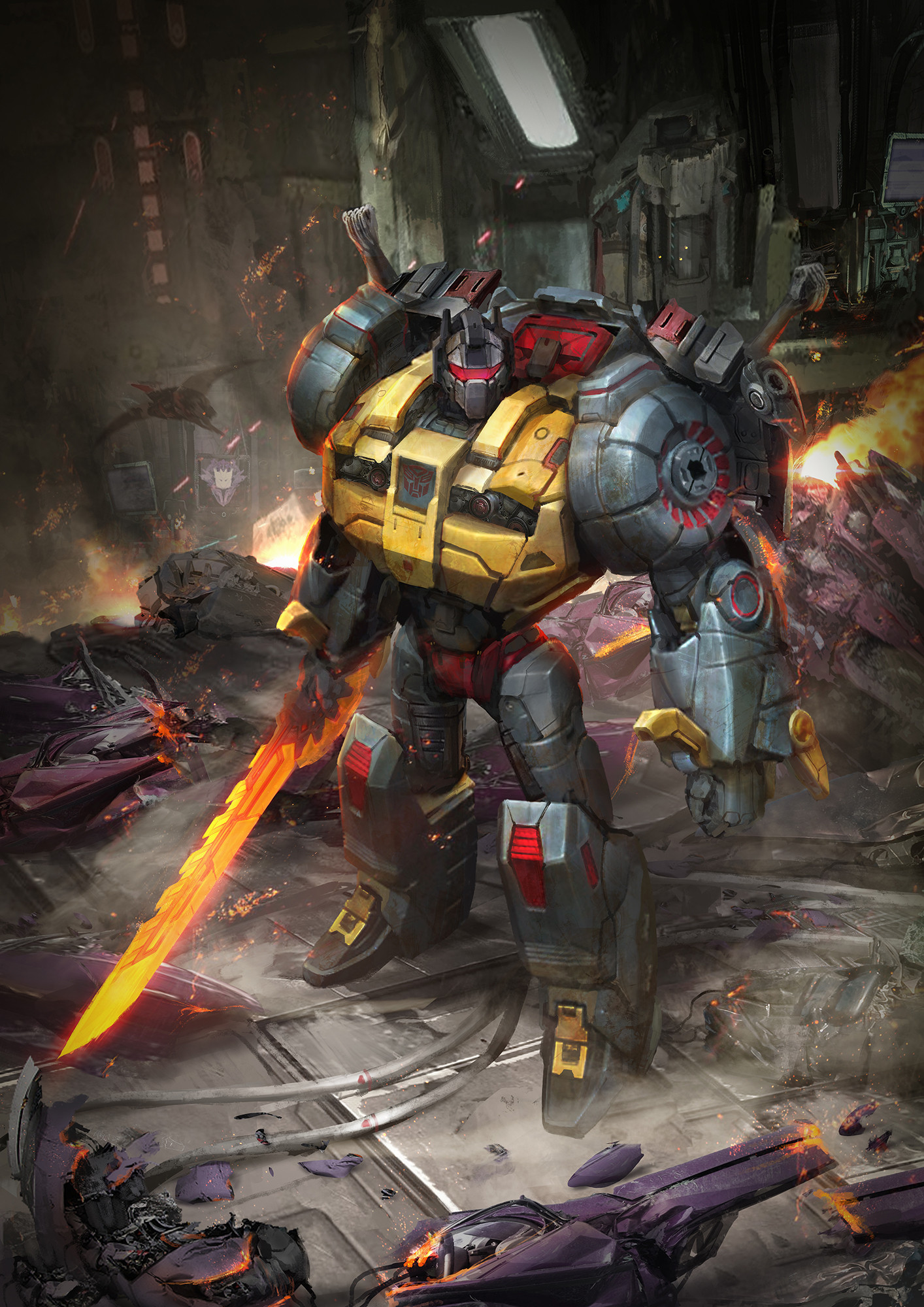 autobot clenched_hand commentary energy_sword english_commentary fire gift_art grimlock highres holding holding_sword holding_weapon looking_at_viewer mecha mecha_focus no_humans robot science_fiction solo standing swoop_(transformers) sword thedurianart transformers transformers:_fall_of_cybertron visor weapon