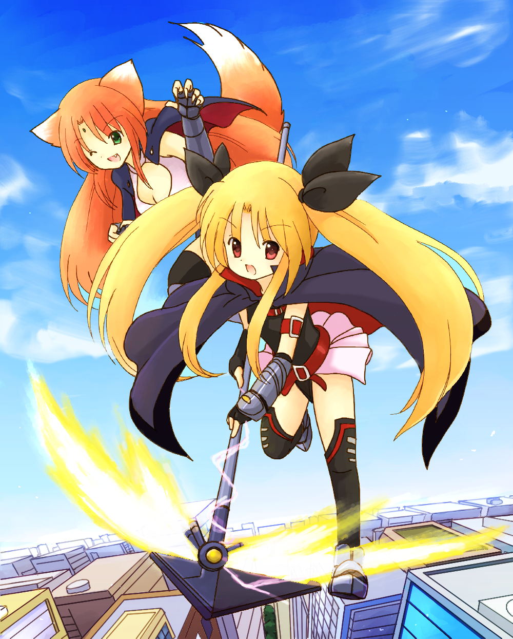 2girls animal_ears arf bad_id bad_pixiv_id bardiche_(nanoha) bardiche_(scythe_form)_(nanoha) bow eijima_moko fate_testarossa fate_testarossa_(lightning_form) hair_bow highres lyrical_nanoha mahou_shoujo_lyrical_nanoha mahou_shoujo_lyrical_nanoha_a&#039;s multiple_girls tail thighhighs twintails
