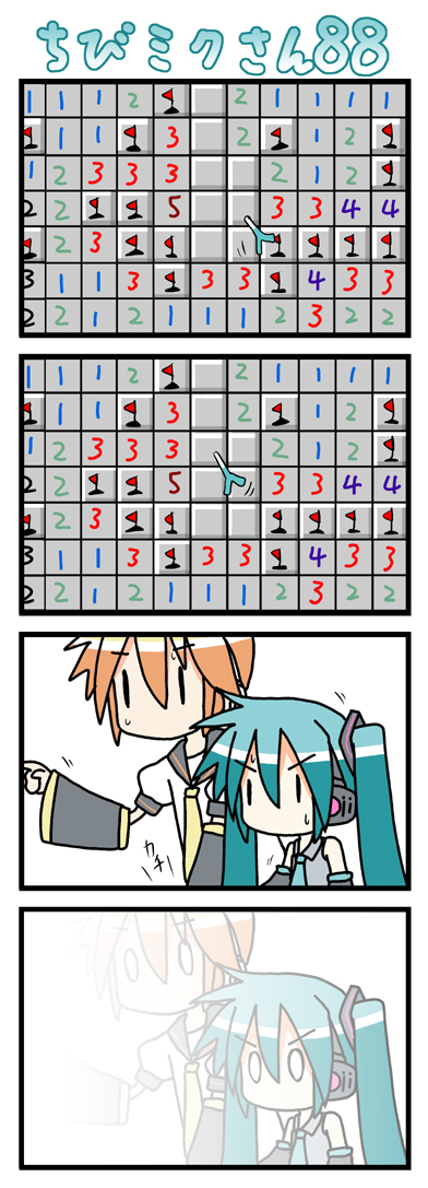0_0 4koma chibi chibi_miku comic failure gameplay_mechanics hatsune_miku kagamine_len long_image minami_(colorful_palette) minesweeper silent_comic sweat tall_image twintails vocaloid you&#039;re_doing_it_wrong |_|