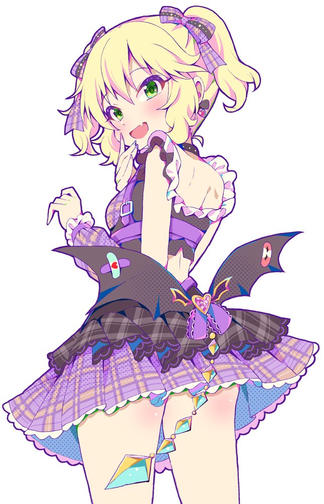 1girl ass ass_peek black_choker black_skirt blonde_hair blush bow chest_harness choker cowboy_shot cropped_shirt demon_wings detached_sleeves earrings fang frilled_shirt frilled_skirt frilled_sleeves frills from_behind green_eyes hair_bow harness heart heart_earrings heart_in_eye heart_o-ring idolmaster idolmaster_cinderella_girls idolmaster_cinderella_girls_starlight_stage jewelry knees_apart_feet_together knees_up layered_skirt looking_at_viewer looking_back low_wings michii_yuuki o-ring official_alternate_costume official_alternate_hairstyle plaid_bow plaid_clothes plaid_shirt plaid_skirt plaid_sleeves purple_bow purple_shirt purple_skirt purple_sleeves sakurai_momoka shirt short_hair shoulder_blades simple_background skirt smile solo symbol_in_eye twintails wavy_hair white_background wings