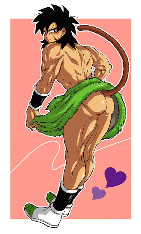 1boy ass back bare_back black_eyes black_hair black_vest blush border broly_(dragon_ball_super) closed_mouth clothes_lift curtained_hair dark-skinned_male dark_skin dragon_ball dragon_ball_super dragon_ball_super_broly embarrassed facial_scar from_behind full_body fur_(clothing) green_fur hair_between_eyes heart looking_back male_focus medium_hair monkey_boy monkey_tail muscular muscular_male outline partially_undressed pink_background scar scar_on_arm scar_on_cheek scar_on_face shoes spiked_hair standing sweatdrop tail topless_male vest white_border white_outline white_shoes wristband