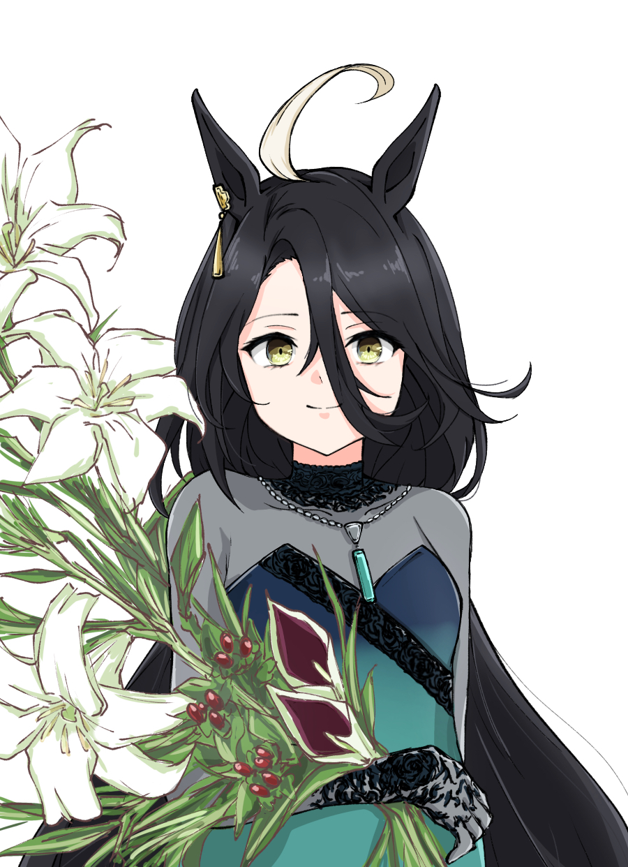 1girl ahoge animal_ears black_gloves black_hair bouquet breasts closed_mouth dress earrings flower gloves hair_between_eyes highres holding holding_bouquet horse_ears horse_girl jewelry lace lace_collar lace_gloves long_hair long_hair_between_eyes long_sleeves looking_at_viewer manhattan_cafe_(umamusume) metal_jumper513 multicolored_hair necklace see-through_clothes see-through_dress simple_background small_breasts smile solo teardrop_earrings umamusume very_long_hair white_background white_flower white_hair yellow_eyes