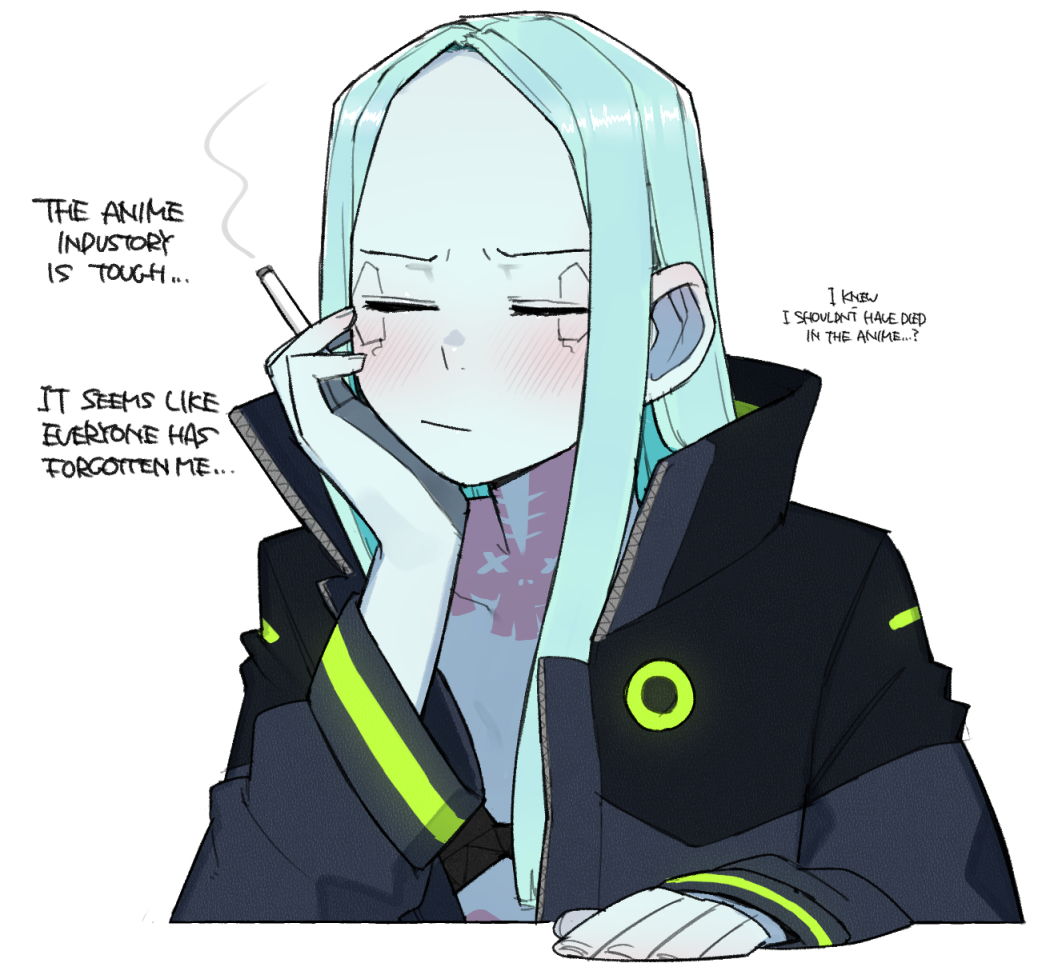 1girl cigarette closed_mouth colored_skin cyberpunk_(series) cyberpunk_edgerunners cyborg english_text green_hair jacket long_hair ohasi rebecca_(cyberpunk) simple_background smoking solo spoilers tattoo typo white_background
