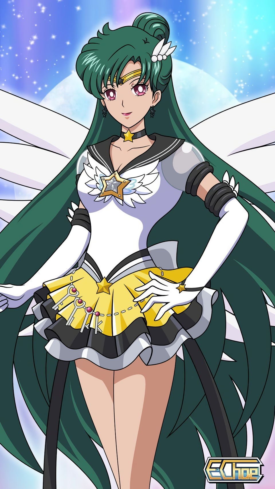 1girl adult_swim angel_wings bishoujo_senshi_sailor_moon bishoujo_senshi_sailor_moon_r bishoujo_senshi_sailor_moon_s bishoujo_senshi_sailor_moon_s:_the_movie bishoujo_senshi_sailor_moon_s_the_movie:_kaguya-hime_no_koibito bishoujo_senshi_sailor_moon_supers bishoujo_senshi_sailor_moon_supers:_the_movie bishoujo_senshi_sailor_moon_supers_the_movie:_sailor_9_senshi_shuuketsu!_black_dream_hole_no_kiseki crimson_eyes dark_teal_hair e.choe_(artist) eternal_sailor_pluto highres meiou_setsuna sailor_pluto sailor_senshi_uniform solo super_sailor_pluto super_sailor_pluto_(stars) toei_company toonami wings