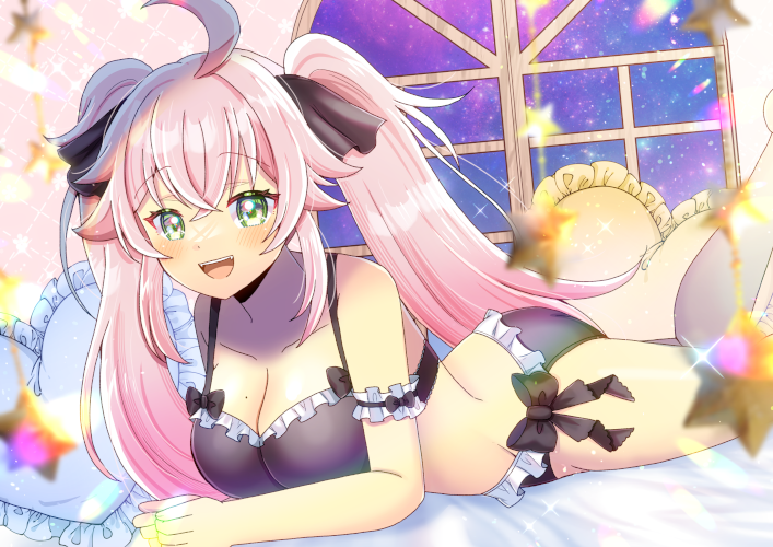 1girl :d ahoge bare_shoulders black_bra black_panties black_ribbon blush bow bow_bra bow_panties bra breasts cleavage collarbone commentary_request commission feet_out_of_frame frilled_bra frilled_panties frilled_pillow frills green_eyes hair_between_eyes hair_ribbon heart heart-shaped_pillow indie_virtual_youtuber indoors kou_hiyoyo leg_up long_hair looking_at_viewer lying medium_breasts on_stomach open_mouth panties pillow pink_hair ribbon skeb_commission smile solo twintails umekage_mia underwear underwear_only very_long_hair virtual_youtuber window