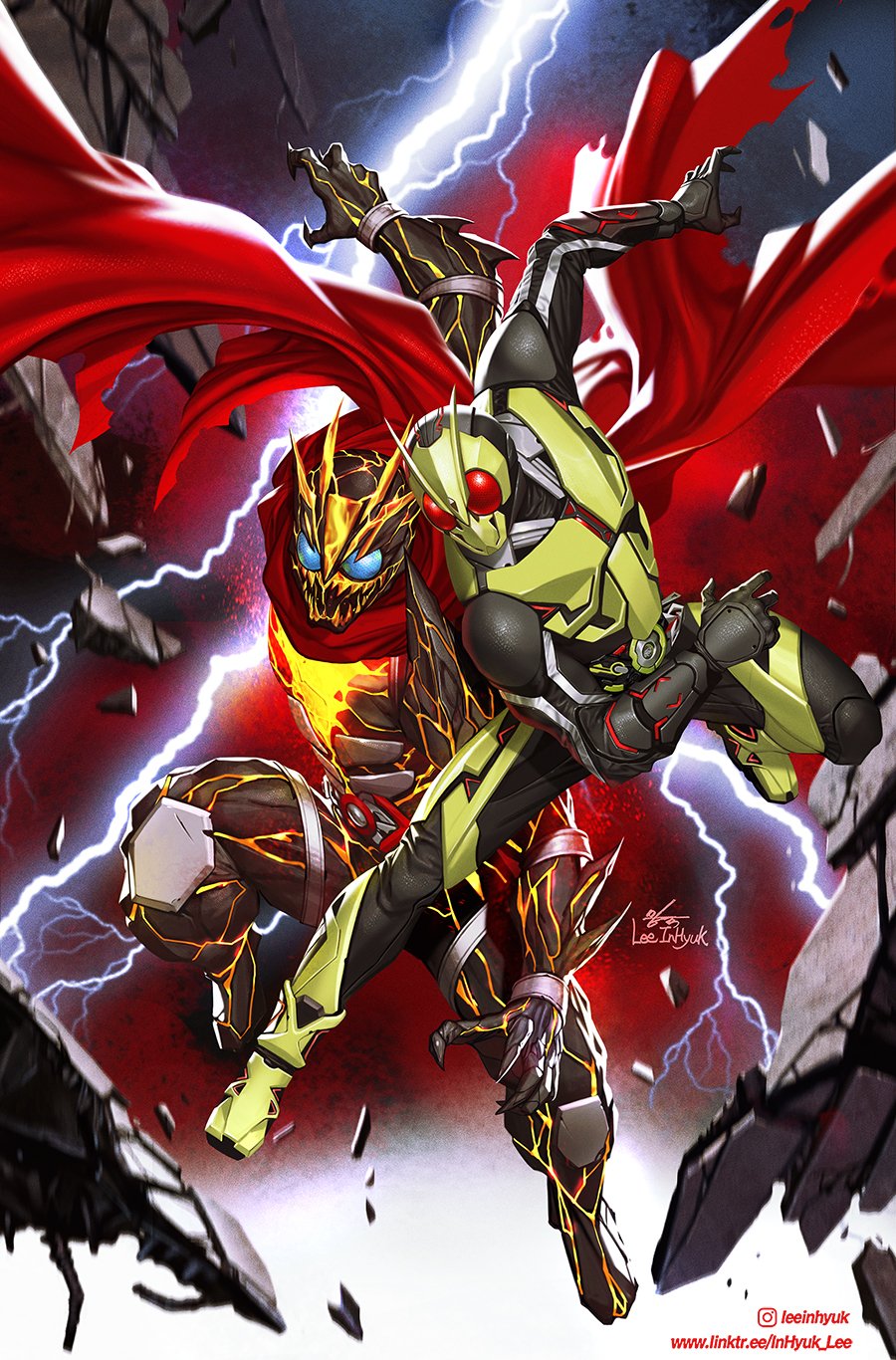 2boys antennae armored_boots battle black_bodysuit black_gloves blue_eyes bodysuit boots building cape clash compound_eyes destroyed rider_belt gloves green_footwear highres in-hyuk_lee instagram_username kamen_rider kamen_rider_01_(comic) kamen_rider_01_(series) kamen_rider_ragnarok kamen_rider_zero-one lightning multiple_boys official_art open_mouth red_cape red_eyes rider_belt rising_hopper sharp_teeth signature teeth torn_cape torn_clothes zero_one_driver