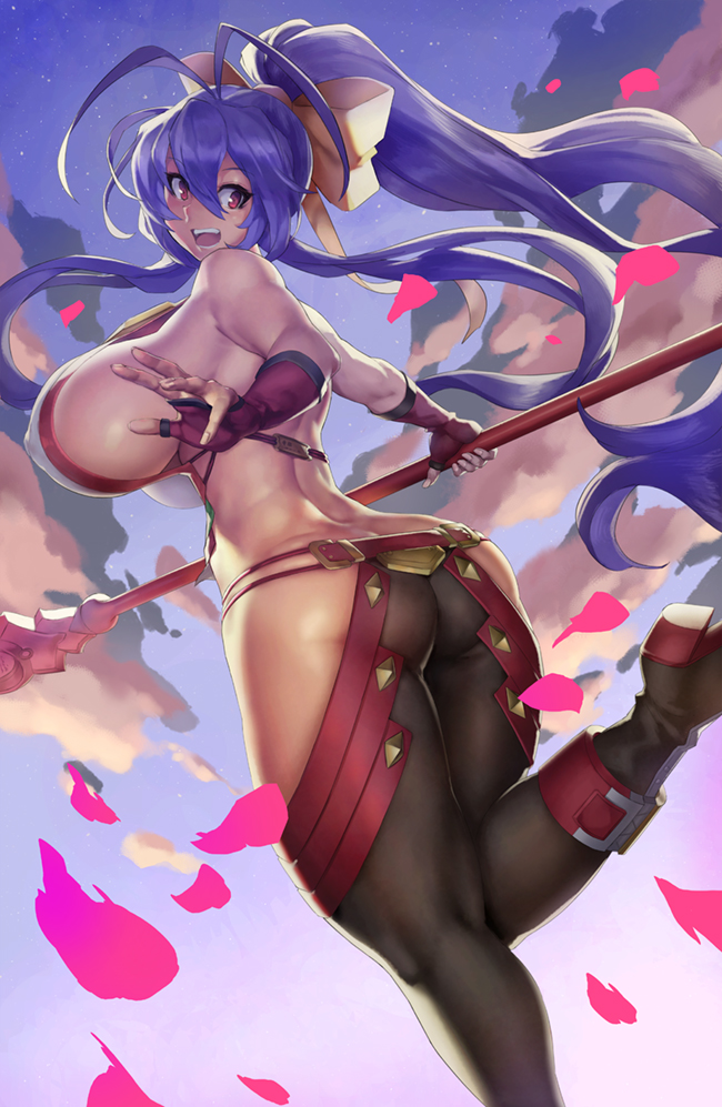 1girl :d ankle_strap antenna_hair ass back backless_outfit bare_shoulders black_pants blazblue blazblue:_central_fiction blazblue_variable_heart boots bow breasts butt_crack cloud commentary covered_erect_nipples duplicate elbow_gloves english_commentary eu03 falling_petals fingerless_gloves from_behind genderswap genderswap_(mtf) gloves hair_between_eyes hair_ribbon halterneck high_ponytail hip_vent holding holding_lance holding_polearm holding_weapon huge_breasts lance long_hair looking_at_viewer looking_back lowleg lowleg_pants mai_natsume open_mouth outseal pants petals polearm ponytail purple_hair red_eyes red_gloves revealing_clothes ribbon sideboob sidelocks sky smile solo spear very_long_hair weapon yellow_bow yellow_ribbon