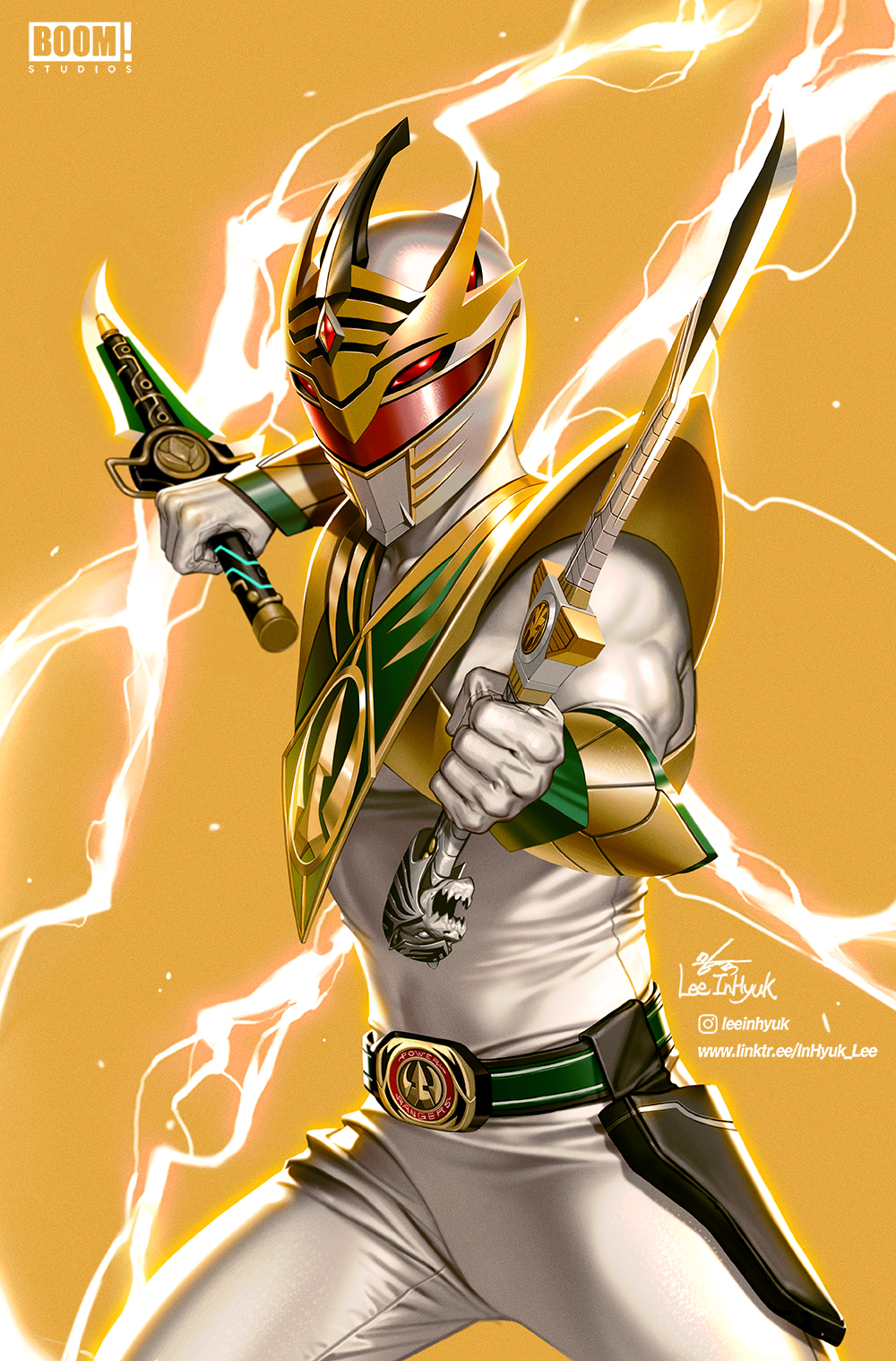 1boy arm_guards armor artist_name belt bodysuit dagger dual_wielding faceless faceless_male gloves gold_armor gold_trim helmet highres holding holding_dagger holding_knife holding_sword holding_weapon horns in-hyuk_lee knife lord_drakkon male_focus mighty_morphin_power_rangers power_rangers power_rangers_hyperforce power_rangers_(boom!_studios) reverse_grip shoulder_armor sword tokusatsu weapon western_comics_(style) white_bodysuit
