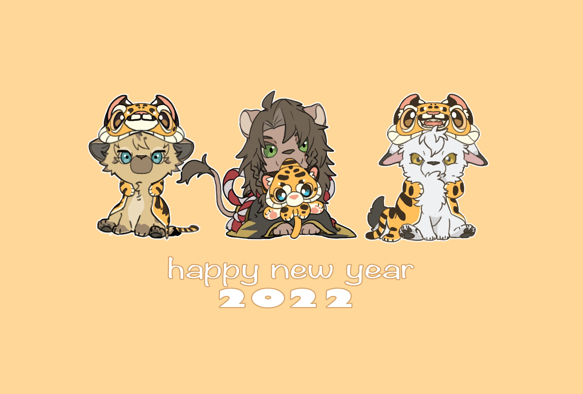 2022 animal animal_costume animal_print animalization blue_eyes chinese_zodiac clothed_animal commentary_request dated full_body green_eyes happy_new_year highres holding holding_stuffed_toy hyena jack_howl leona_kingscholar lion looking_at_viewer mouth_hold new_year orange_background raccoonlot ruggie_bucchi simple_background sitting stuffed_animal stuffed_tiger stuffed_toy tiger_costume tiger_print twisted_wonderland wolf year_of_the_tiger yellow_eyes
