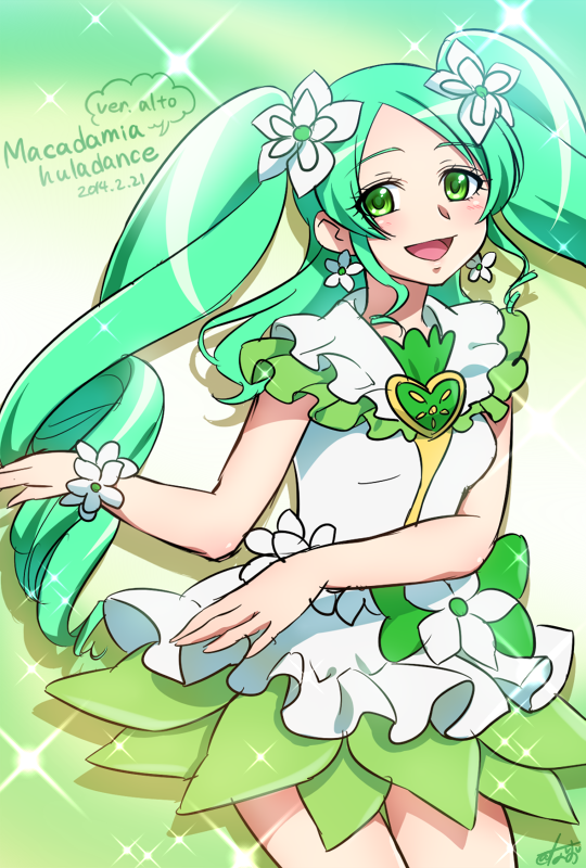 0417nao 10s 1girl 2014 bad_id bad_pixiv_id brooch character_name cosplay cure_alto_(0417nao) cure_princess cure_princess_(cosplay) cure_princess_(macadamia_hula_dance) dated earrings female_focus flower frills green_eyes green_hair green_skirt hair_flower hair_ornament happinesscharge_precure! heart heart_brooch jewelry long_hair magical_girl matching_hair/eyes original precure skirt smile solo twintails wrist_cuffs