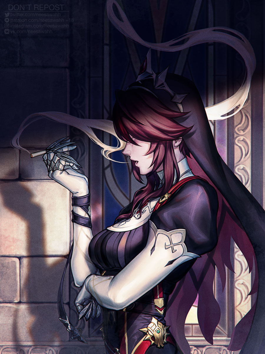 1girl claw_ring dress from_side genshin_impact habit highres multicolored_headwear neesawahh nun official_alternate_costume rosaria_(genshin_impact) rosaria_(to_the_church&#039;s_free_spirit)_(genshin_impact) smoking two-tone_dress