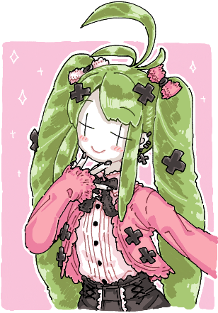 +_+ 1girl ahoge alternate_costume black_nails black_skirt blush buttons closed_mouth colored_skin fingernails green_hair jirai_kei long_hair lowres man_(man-room) pink_background pink_shirt shirt skirt smile solo sparkle tone_sphere trin_(tone_sphere) twintails upper_body white_shirt white_skin