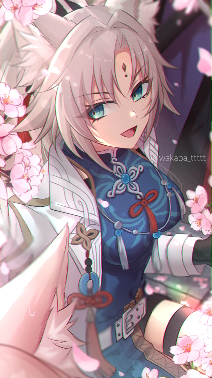 0roshioji3ran 1boy 1girl animal_ear_fluff animal_ears aqua_eyes breasts covered_navel falling_petals feixiao_(honkai:_star_rail) flower fox_ears grey_hair highres honkai:_star_rail honkai_(series) jiaoqiu_(honkai:_star_rail) long_hair looking_at_another medium_breasts open_mouth petals sitting sweatdrop twitter_username