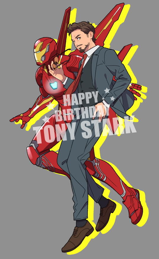 1boy arc_reactor armor black_socks black_vest brown_eyes brown_hair brown_shoes buttons character_name closed_mouth collared_jacket collared_shirt facial_hair formal_clothes full_armor full_body grey_background grey_jacket grey_pants hand_on_own_hip hand_up happy_birthday helmet holding holding_removed_eyewear iron_man iron_man_(series) jacket long_sleeves looking_at_viewer male_focus marvel marvel_cinematic_universe mechanical_wings necktie open_clothes open_jacket pants power_armor red_armor red_necktie shadow shirt shoes short_hair simple_background smile socks solo star_(symbol) suit sunglasses superhero_costume tony_stark unworn_eyewear vest white_shirt wings yellow_armor yukko93