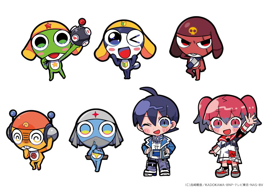 1girl arm_up belt black_eyes black_hair blue_eyes copyright_name dororo_(keroro_gunsou) frog giroro glasses green_eyes hat headphones hinata_fuyuki hinata_natsumi jacket keroro keroro_gunsou kururu_(keroro_gunsou) long_hair mask mouth_mask ninja_mask official_art one_eye_closed pants red_eyes red_hair shoes short_hair star_(symbol) tamama terada_tera twintails weapon