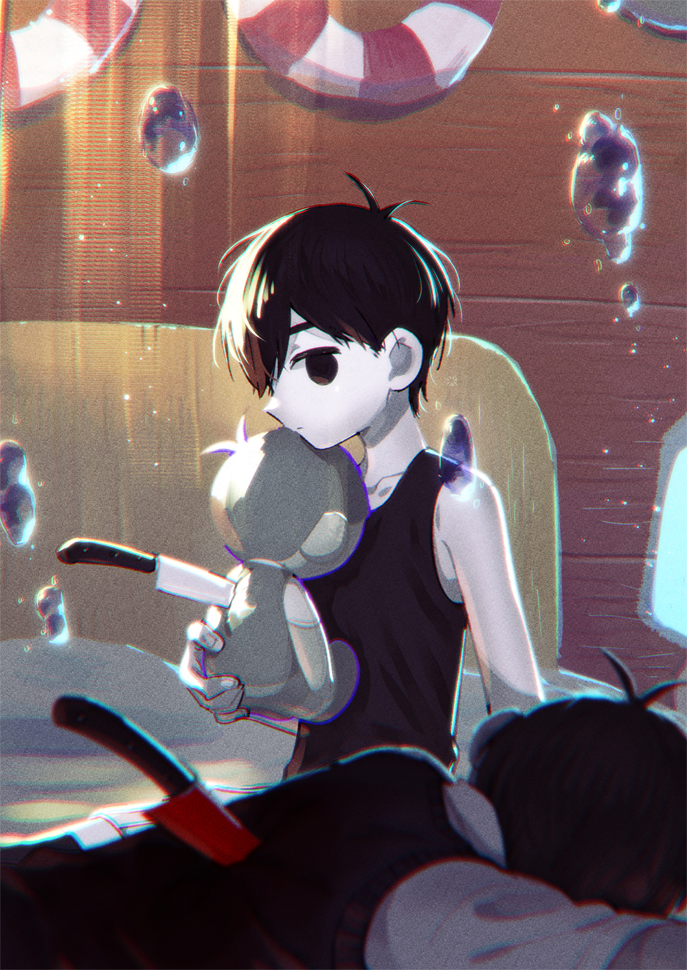 2boys air_bubble antenna_hair bare_shoulders black_eyes black_hair black_sweater_vest bubble character_doll collarbone colored_skin commentary_request doll dual_persona expressionless from_side highres holding holding_doll indoors kitchen_knife knife_in_back lifebuoy looking_at_viewer lying male_focus multiple_boys no_pupils omori omori_(omori) on_stomach shirt short_hair sitting stab sunny_(omori) sweater_vest swim_ring toastytoast underwater upper_body white_shirt white_skin wooden_wall