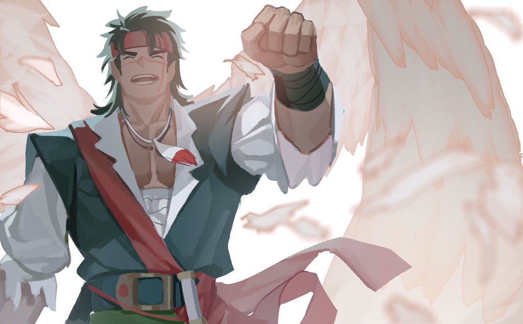 1boy bare_pectorals black_hair clenched_hand closed_eyes commentary_request cross_scar feather_necklace fire_emblem fire_emblem:_radiant_dawn fire_emblem_heroes headband jewelry laguz_(fire_emblem) male_focus my_eight necklace nintendo official_alternate_costume pectorals pointy_ears scar scar_on_face smile solo tibarn_(fire_emblem) tibarn_(pirate)_(fire_emblem) wings