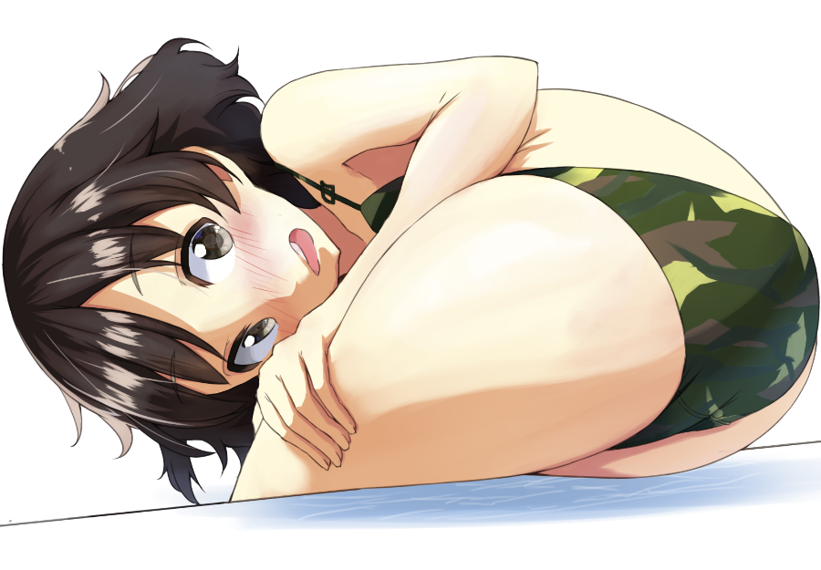 10s akiyama_yukari ass bikini blush brown_eyes brown_hair camouflage camouflage_bikini girls_und_panzer swimsuit tsuru_(tsubasa1993621)