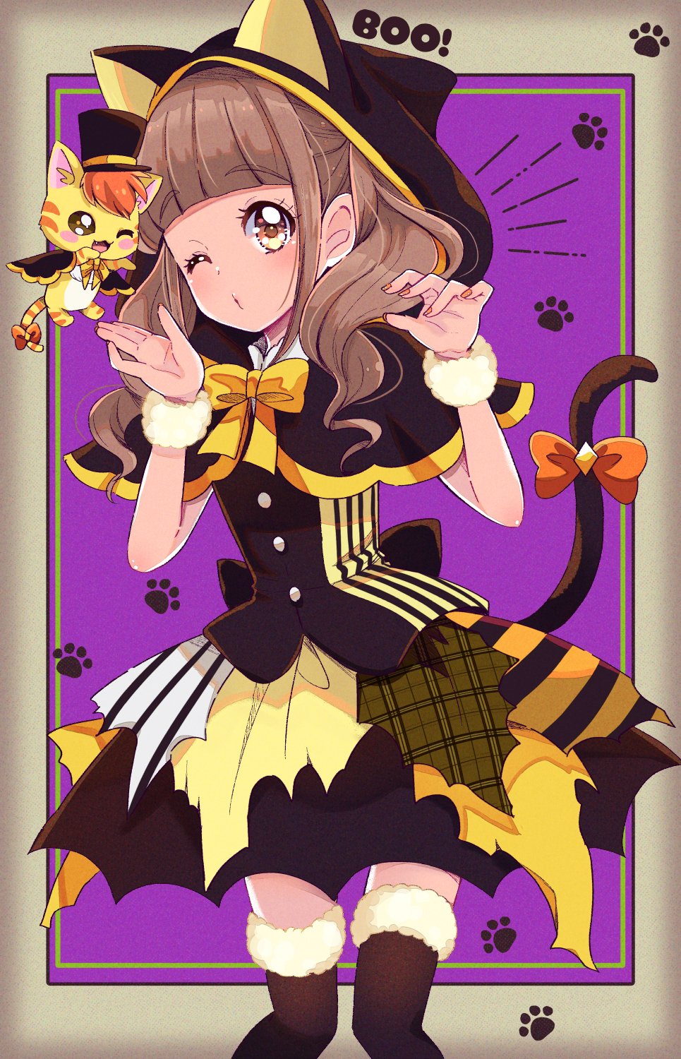 1girl back_bow black_bow black_capelet black_dress black_hood black_thighhighs blunt_bangs bow brown_eyes brown_hair capelet cat_tail claw_pose commentary dress english_text fur-trimmed_thighhighs fur_cuffs fur_trim gesture halloween halloween_costume healin&#039;_good_precure highres hiramitsu_hinata hood hood_up hooded_capelet juugoya_neko looking_at_viewer medium_hair notice_lines nyatoran_(precure) one_eye_closed paw_print precure puckered_lips red_bow short_dress solo standing tail tail_bow tail_ornament thighhighs twintails yellow_bow