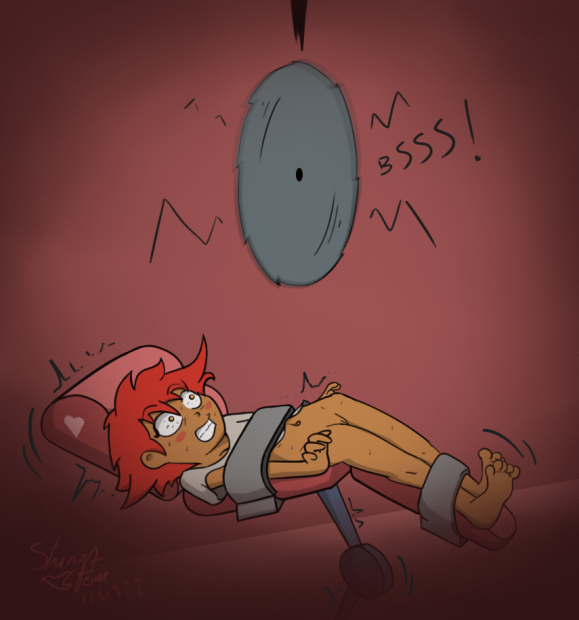 bottomless bound clenched_teeth cowboy_bebop dark_skin edward_wong_hau_pepelu_tivrusky_iv imminent_torture lying navel pussy red_hair restrained saw scared shirt strapped_down strings_peace struggling t-shirt teeth wild_hair