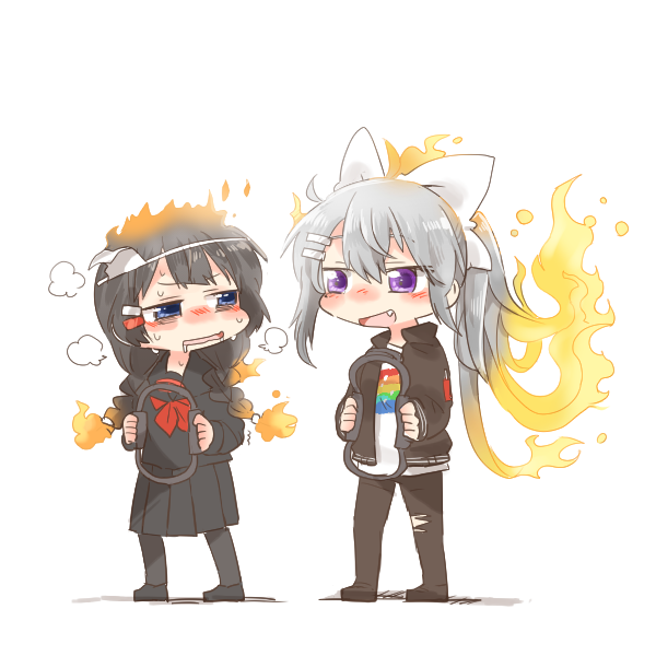 2girls :d black_footwear black_hair black_jacket black_pants black_pantyhose black_sailor_collar black_serafuku black_shirt black_skirt blue_eyes blush braid burning_hair chibi fang grey_hair hair_ornament hair_ribbon hairclip higuchi_kaede higuchi_kaede_(2nd_costume) holding jacket long_hair low_twintails multiple_girls neckerchief nijisanji open_clothes open_jacket open_mouth pants pantyhose pleated_skirt ponytail purple_eyes rebecca_(keinelove) red_neckerchief ribbon ring-con ring_fit_adventure sailor_collar saliva school_uniform serafuku shirt shoes simple_background skirt smile sweat torn_clothes torn_pants tsukino_mito tsukino_mito_(5th_costume) twin_braids twintails very_long_hair virtual_youtuber white_background white_ribbon white_shirt