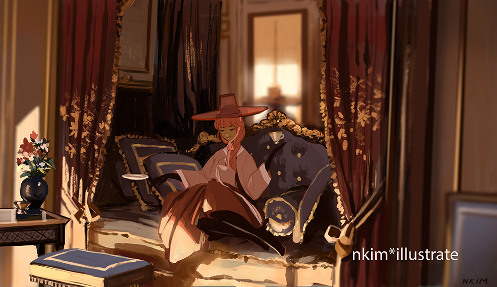 1girl artist_name black_boots black_gloves boots bow braid closed_eyes closed_mouth commentary couch cup curtains english_commentary flower full_body gloves hair_over_shoulder hat high_heel_boots high_heels holding holding_cup holding_saucer indoors knee_boots long_hair long_sleeves medium_skirt nadia_kim neck_ribbon on_couch orange_hair original painting_(object) pillow pink_flower pink_ribbon pink_shirt pink_sleeves plant pleated_skirt potted_plant red_hat red_skirt ribbon saucer shirt single_braid sitting skirt smile solo stool teacup top_hat vase waist_bow white_bow wide_brim wide_sleeves yokozuwari