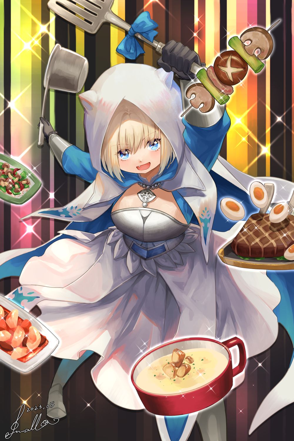 1girl armor black_gloves blonde_hair blue_eyes breasts brown_dust_(series) brown_dust_2 chest_armor cloak egg_(food) eyebrows_hidden_by_hair fang food full_body gloves greaves hair_between_eyes highres holding holding_pan holding_spatula hood hooded_cloak jewelry justia_(brown_dust) justia_(white_reaper)_(brown_dust) large_breasts light_blush looking_at_viewer necklace open_mouth pearl_necklace signature skewer skirt smile solo sparkle spatula steak swallow165 tray vambraces white_skirt