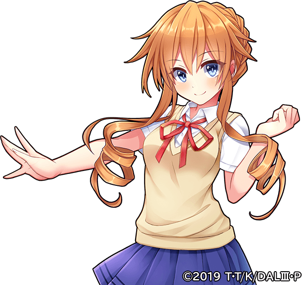 1girl blue_eyes blue_skirt braid collared_shirt crown_braid date_a_live drill_hair edamame_senpai low_twintails official_art orange_hair pleated_skirt raizen_high_school_uniform school_uniform shirt skirt smile solo twintails upper_body v-shaped_eyebrows vest vivid_army white_background white_shirt yamai_kaguya yellow_vest