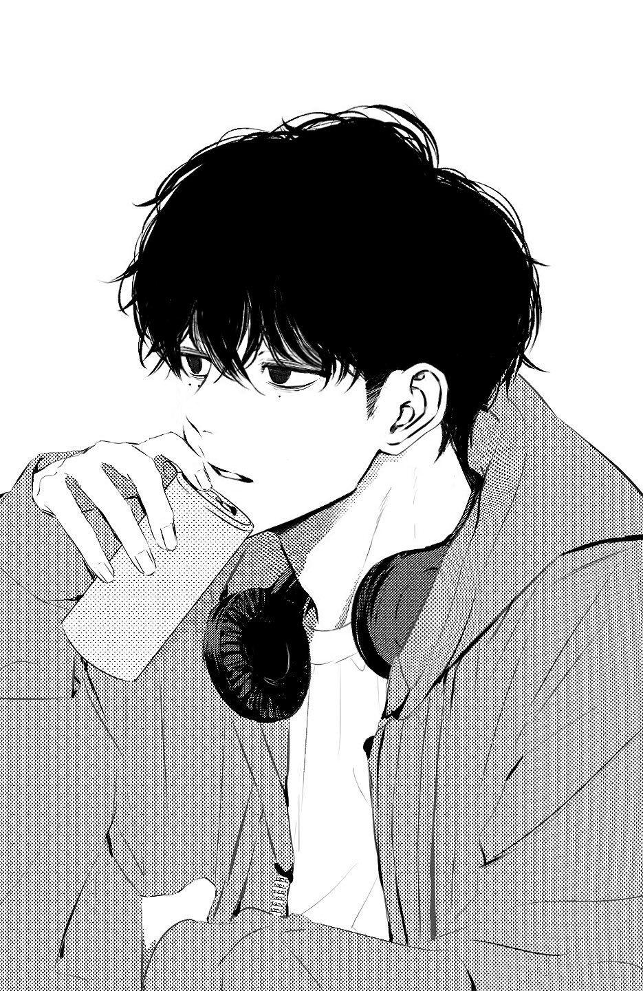 1boy can commentary crew_neck crossed_bangs drink_can gaek99 hair_between_eyes hashtag-only_commentary headphones headphones_around_neck highres holding holding_can hood hood_down hooded_jacket jacket long_sleeves looking_to_the_side male_focus open_clothes open_jacket parted_lips sakamoto_days seba_natsuki shirt short_hair sideburns simple_background sleeves_past_wrists solo t-shirt upper_body white_background