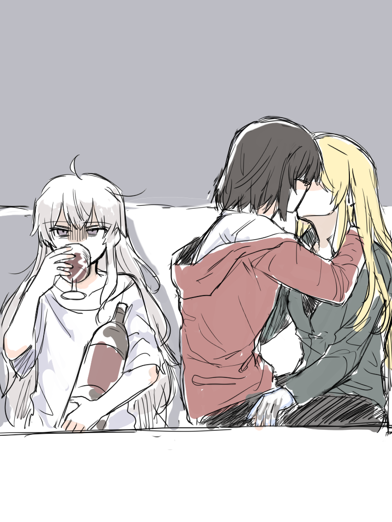 3girls alcohol angry bad_id bad_pixiv_id black_hair blonde_hair bottle cup drinking_glass female_focus furrowed_brow glasses hand_on_another&#039;s_hip hood hoodie ikoo_180 jacket kamikoshi_sorawo kiss kozakura_(urasekai_picnic) long_hair loose_clothes loose_shirt meme multiple_girls nishina_toriko shirt simple_background urasekai_picnic white_hair wine wine_bottle wine_glass yuri