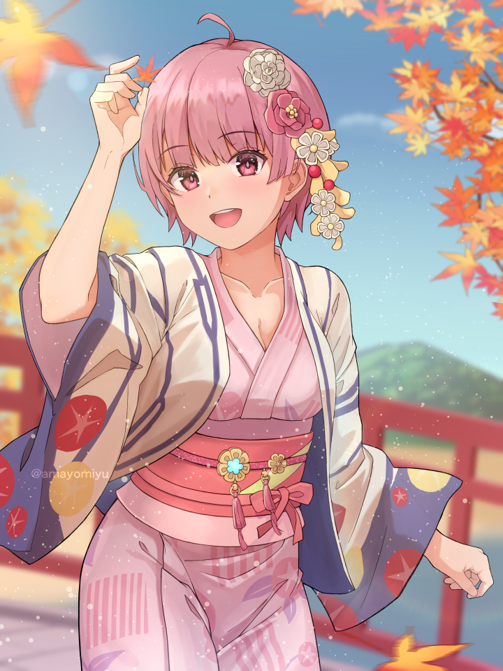 1girl ahoge amayomiyu autumn autumn_leaves breasts cleavage collarbone commentary flower hair_flower hair_ornament happy heaven_burns_red japanese_clothes kimono leaf maple_leaf ooshima_minori outdoors red_eyes red_hair short_hair solo