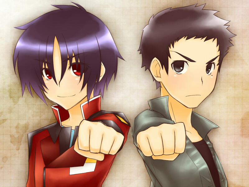 00s 2boys another_century&#039;s_episode another_century&#039;s_episode:_r banpresto blue_hair brown_eyes brown_hair crossover gundam gundam_seed gundam_seed_destiny kudou_shin macross macross_zero male_focus mayo-black multiple_boys name_connection red_eyes voice_actor_connection shinn_asuka suzumura_ken&#039;ichi uniform