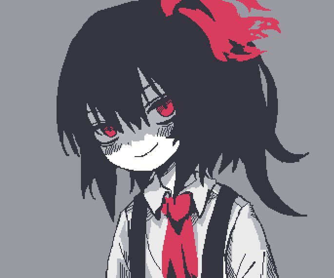 1girl ascot black_hair bow closed_mouth collared_shirt colored_skin cookie_(touhou) grey_background hair_between_eyes hair_bow head_tilt long_sleeves looking_at_viewer medium_hair pixel_art red_ascot red_bow red_eyes shaded_face shirt simple_background siyudi_(cookie) smile solo sparseseethe suspenders upper_body white_shirt white_skin