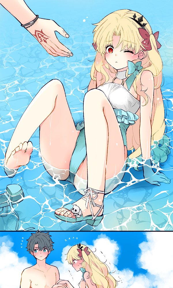 1boy 1girl ass azumi_(myameco) bare_shoulders black_hair blonde_hair blue_eyes blush bow bracelet breasts collarbone command_spell crotch ereshkigal_(fate) fallen_down fate/grand_order fate_(series) frills fujimaru_ritsuka_(male) fujimaru_ritsuka_(male)_(tropical_summer) hair_bow hairband helping high_heel_sandals holding_hands jewelry long_hair medium_breasts o-ring official_alternate_costume one-piece_swimsuit parted_bangs pussy pussy_peek red_eyes ribbon sandals shy skull_ornament sky smile space_ereshkigal_(fate) space_ereshkigal_(first_ascension)_(fate) swimsuit thighs two-tone_swimsuit two_side_up water white_one-piece_swimsuit
