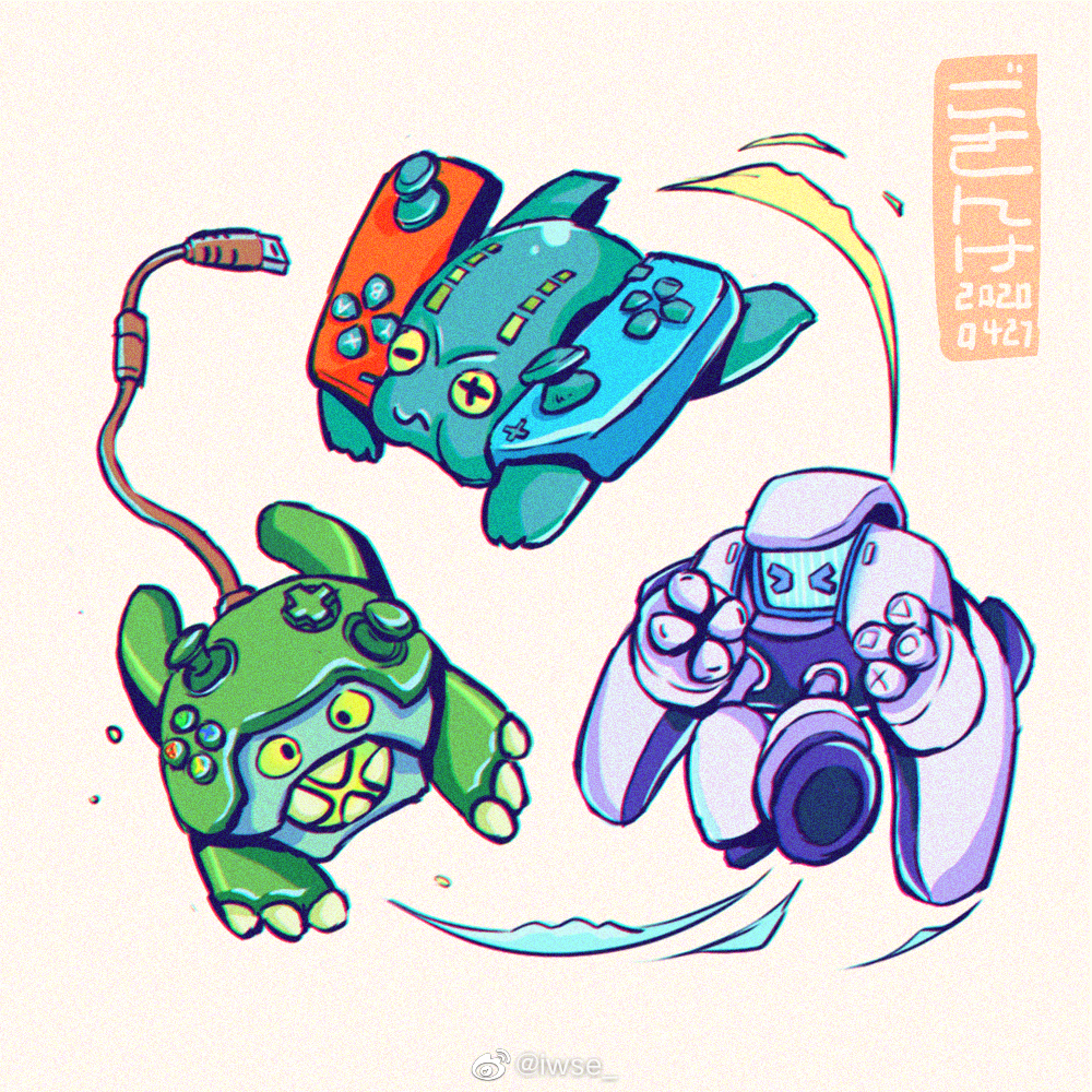 &gt;_&lt; +_+ black_eyes cable chromatic_aberration closed_eyes closed_mouth colored_sclera creature dated dualsense full_body horizontal_pupils iwse_zhang japanese_text joy-con mismatched_pupils open_mouth original playstation_controller running simple_background teeth translation_request watermark wavy_mouth weibo_username weibo_watermark white_background xbox_controller yellow_sclera