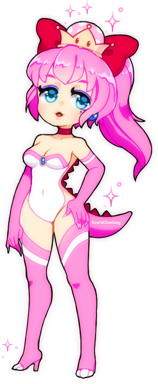 1girl birdo blue_eyes breasts detached_sleeves fingernails hand_on_own_hip high_heels humanization mario_(series) medium_breasts mole mole_under_eye nintendo pink_hair pink_thighhighs ponytail ribbon scarletdestiney sharp_fingernails super_crown tail thighhighs transformation transparent_background