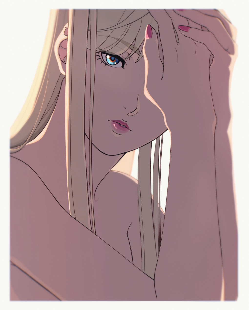 1girl blonde_hair blue_eyes border enelous gigi_andalusia gundam gundam_hathaway&#039;s_flash hands_on_own_head highres long_hair long_sidelocks looking_at_viewer nude parted_lips pink_lips pink_nails sidelocks solo upper_body white_background white_border