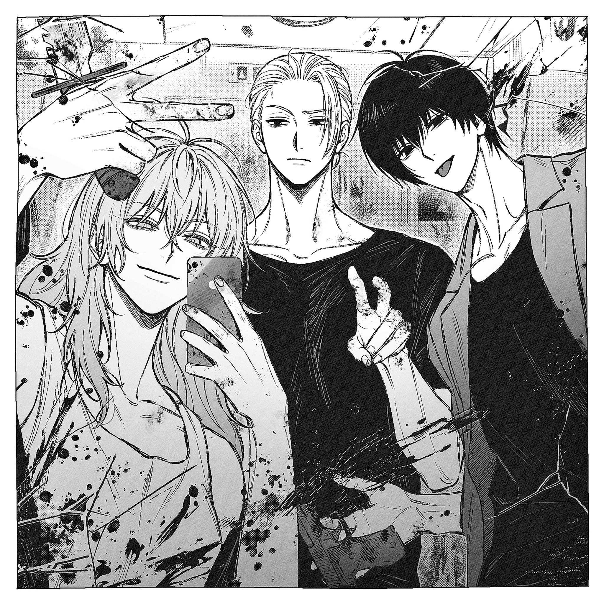 1girl 2boys adam's_apple akao_rion antenna_hair bare_shoulders blood blood_on_hands blood_splatter ceiling closed_mouth collarbone combat_knife crack cracked_glass elevator expressionless fingernails forehead greyscale gun hair_slicked_back half-closed_eyes hand_up hands_up height_difference highres holding holding_gun holding_knife holding_phone holding_weapon jacket knife kuroiisana leaning_to_the_side light_frown long_hair looking_at_another looking_at_viewer monochrome multiple_boys nagumo_(sakamoto_days) open_clothes open_jacket phone raised_eyebrow sakamoto_days sakamoto_taro selfie shirt short_hair short_sleeves smile straight_hair tank_top tongue tongue_out upper_body v wavy_hair weapon