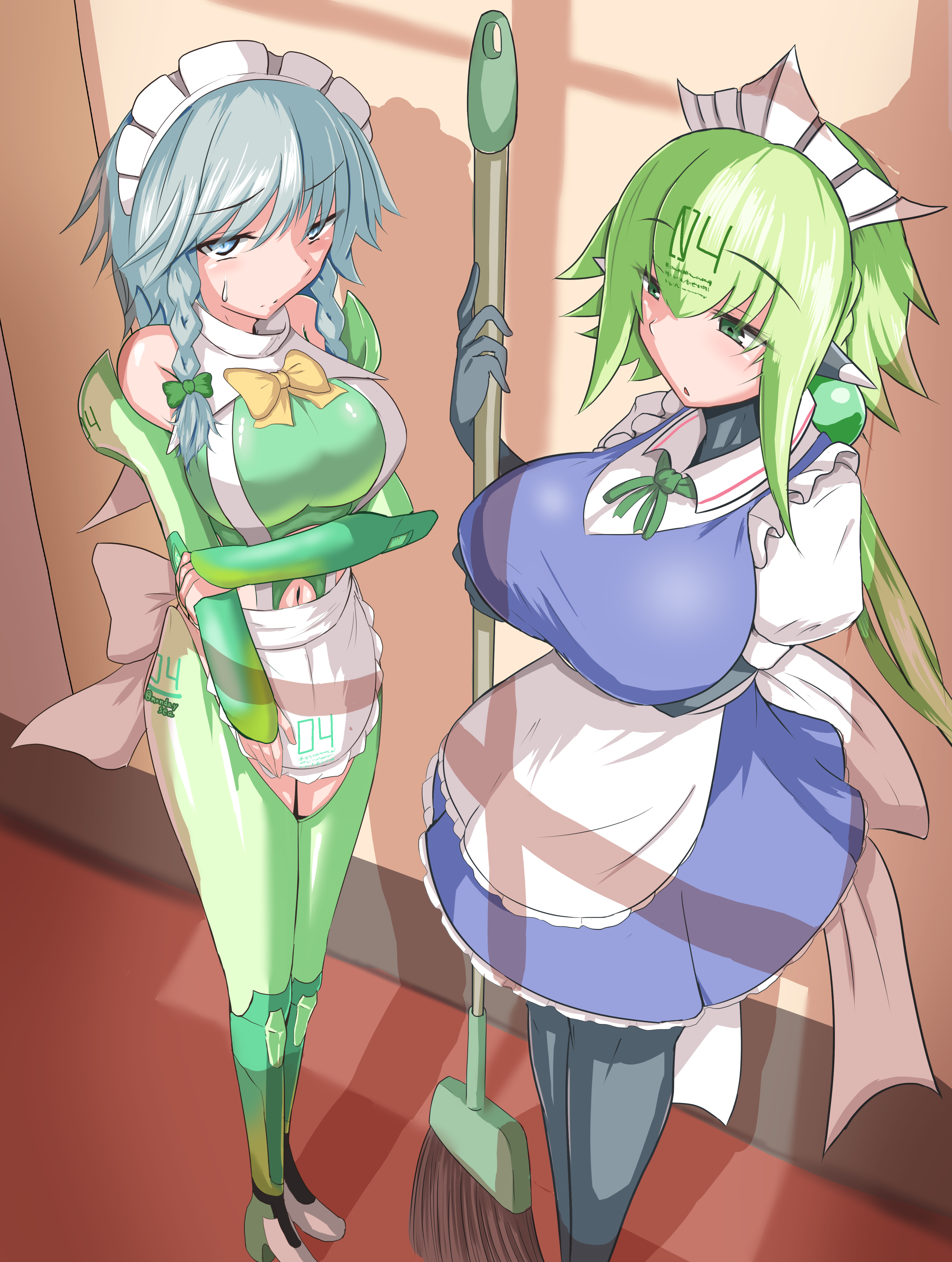 absurdres apron bare_shoulders blue_dress blue_eyes blush bodysuit bombergirl bow bowtie breasts broom clothing_cutout cosplay costume_switch crossover detached_sleeves dress embarrassed emera_(bombergirl) green_bodysuit green_eyes green_ribbon grey_hair hair_tattoo highres holding_own_arm huge_breasts indoors izayoi_sakuya large_breasts long_hair maid_apron maid_headdress mondaysea navel ribbon sidelocks skin_tight standing sweatdrop thigh_cutout touhou white_frills white_hair yellow_bow yellow_bowtie
