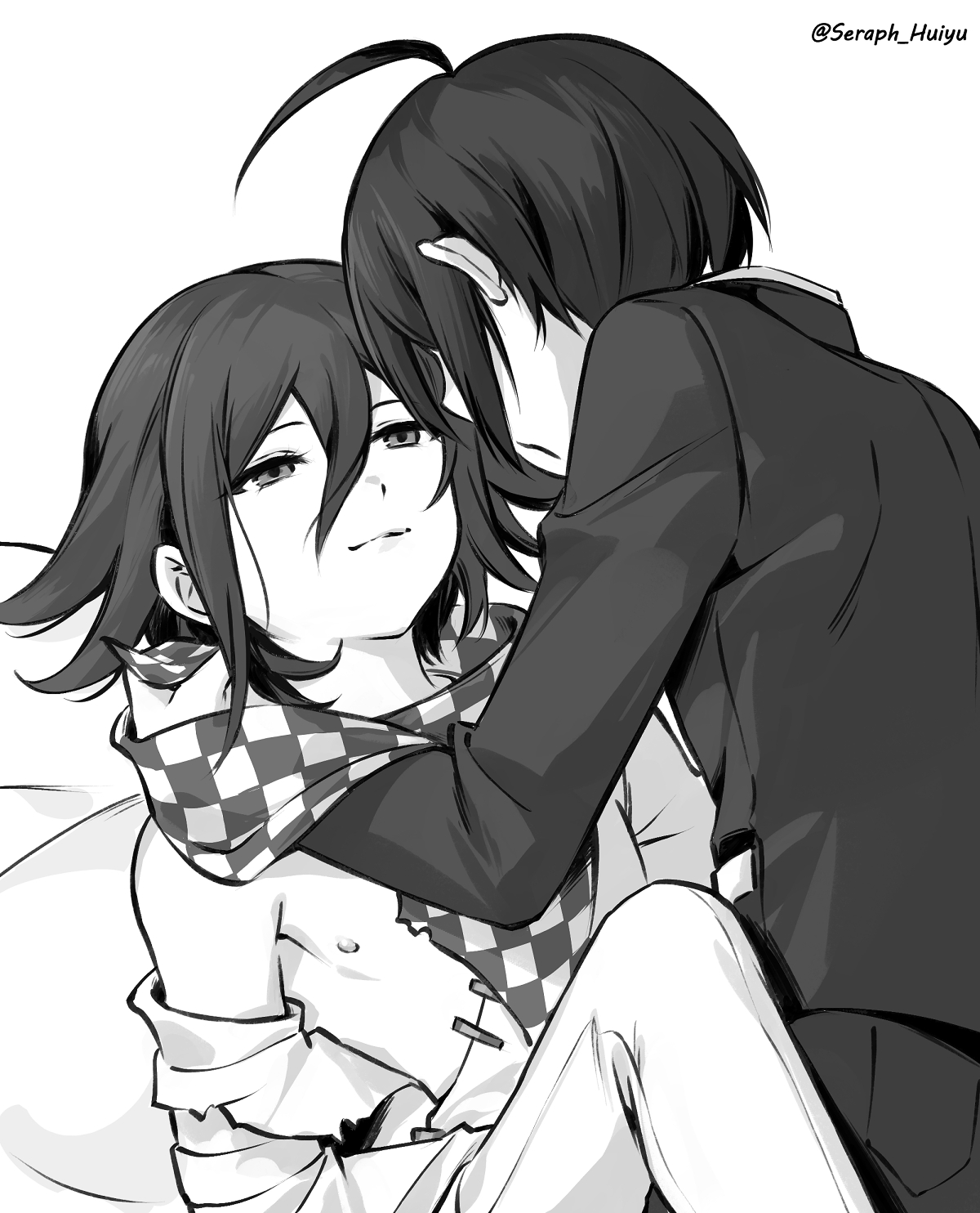 2boys ahoge artist_name checkered_neckerchief closed_mouth danganronpa_(series) danganronpa_v3:_killing_harmony ewa_(seraphhuiyu) flipped_hair grey_background greyscale hair_between_eyes highres jacket long_sleeves looking_at_another male_focus monochrome multiple_boys neckerchief oma_kokichi pants saihara_shuichi short_hair yaoi