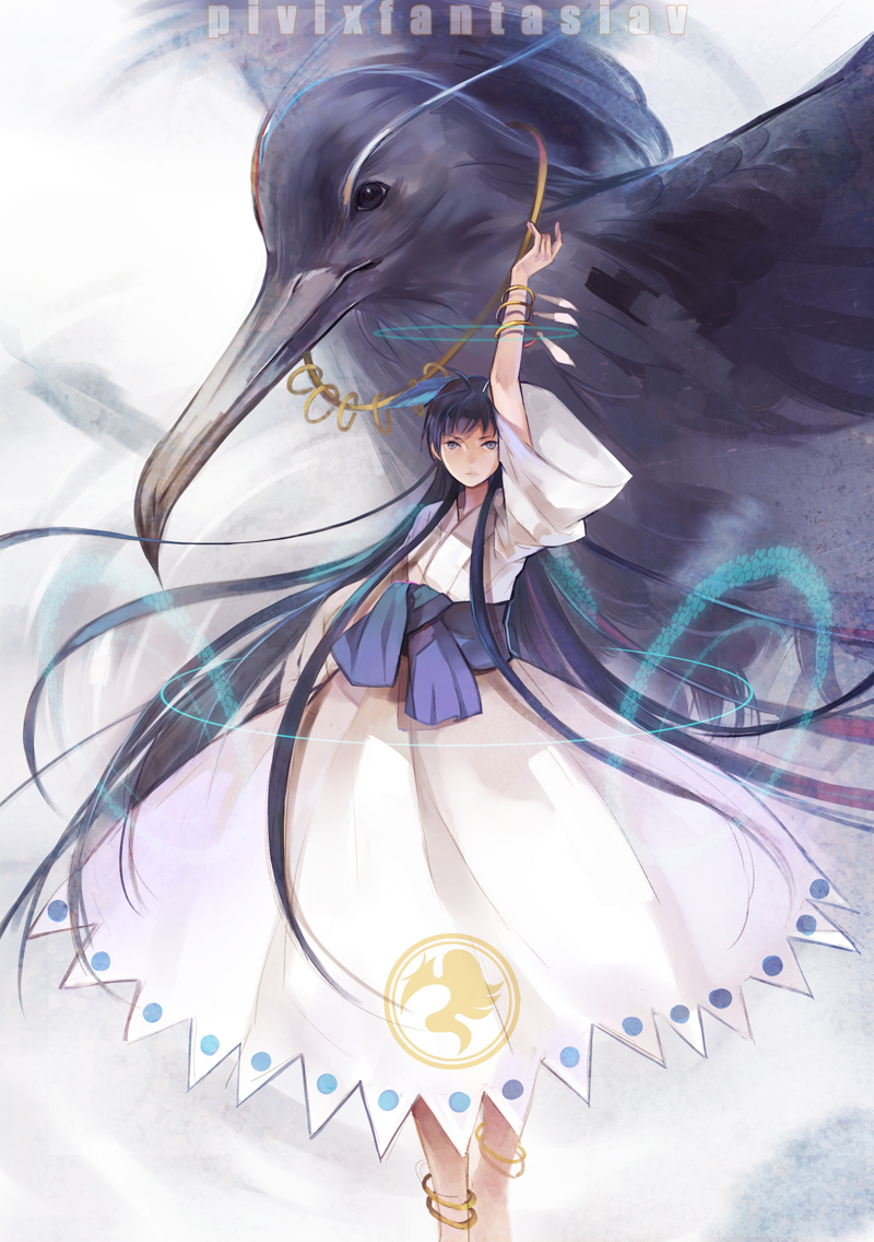 1girl animal anklet arm_up azura bad_id bad_pixiv_id bangle barefoot bird black_eyes black_hair bracelet dress female_focus grey_eyes jewelry kaka123 long_hair magic pixiv_fantasia pixiv_fantasia_5 sash solo very_long_hair wide_sleeves