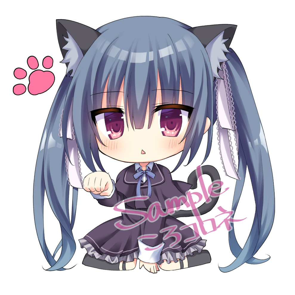 1girl animal_ear_fluff animal_ears black_capelet black_dress black_hair blush capelet cat_ears cat_girl cat_tail chibi commentary_request dress eyes_visible_through_hair frilled_dress frills full_body hair_between_eyes hair_ribbon hand_up honma_misuzu kemonomimi_mode korokoro_cat lace lace-trimmed_ribbon lace_trim long_hair long_sleeves looking_at_viewer open_mouth paw_pose paw_print red_eyes ribbon sakura_no_toki sakura_no_uta sample_watermark school_uniform simple_background sitting solo tail tail_raised triangle_mouth twintails very_long_hair wariza watermark white_background white_ribbon