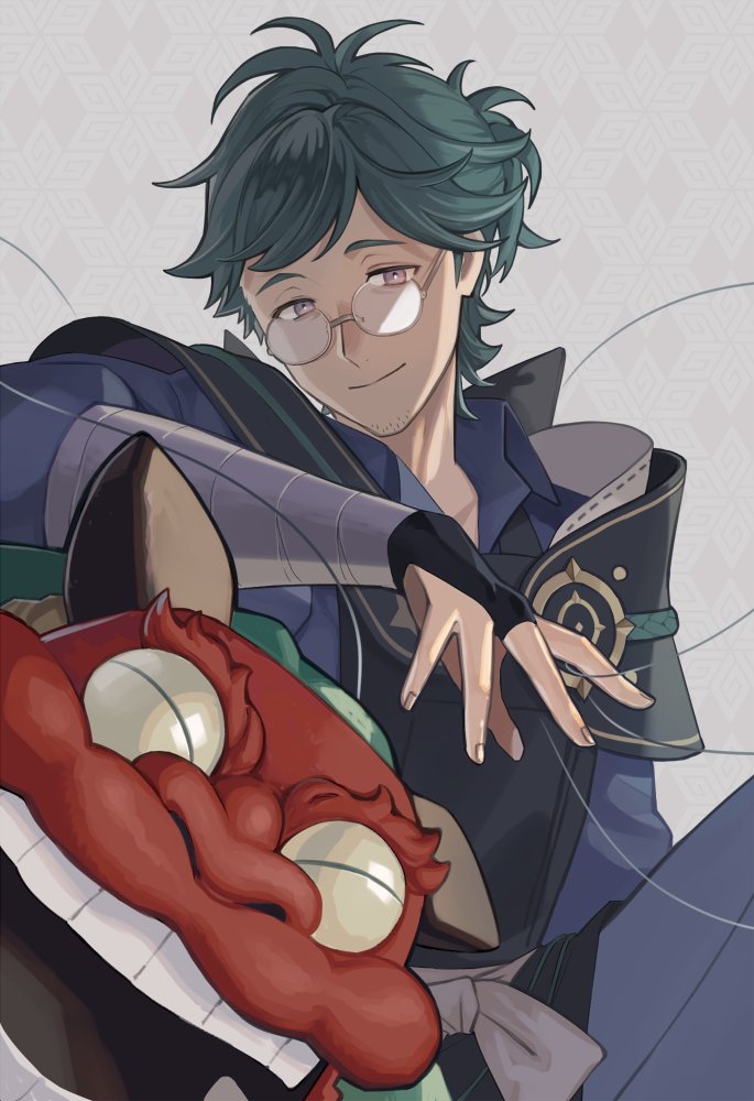 1boy closed_mouth facial_hair fire_emblem fire_emblem_fates kiyuu light_smile looking_at_viewer male_focus nintendo partially_shaded_face puppet puppet_strings round_eyewear yukimura_(fire_emblem)