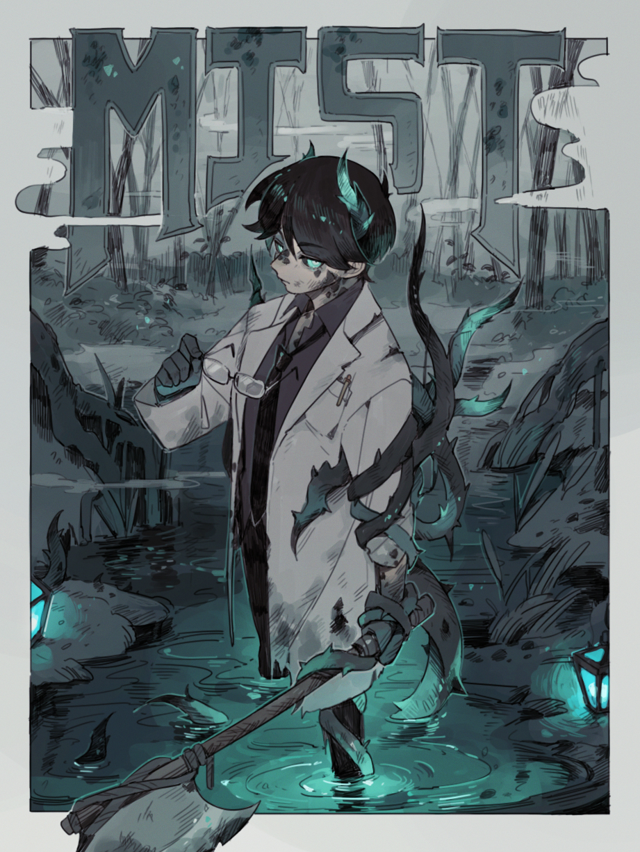 1boy aqua_eyes aqua_theme axe black_hair black_sclera colored_sclera commentary cubfan135 deep_dark_(minecraft) english_commentary english_text glowing hermitcraft highres holding holding_axe holding_removed_eyewear horns lab_coat looking_at_viewer luminous_slime male_focus minecraft minecraft_youtube monster_boy pointy_ears sculk_(minecraft) short_hair solo soul_lantern_(minecraft) standing tentacles unworn_eyewear water