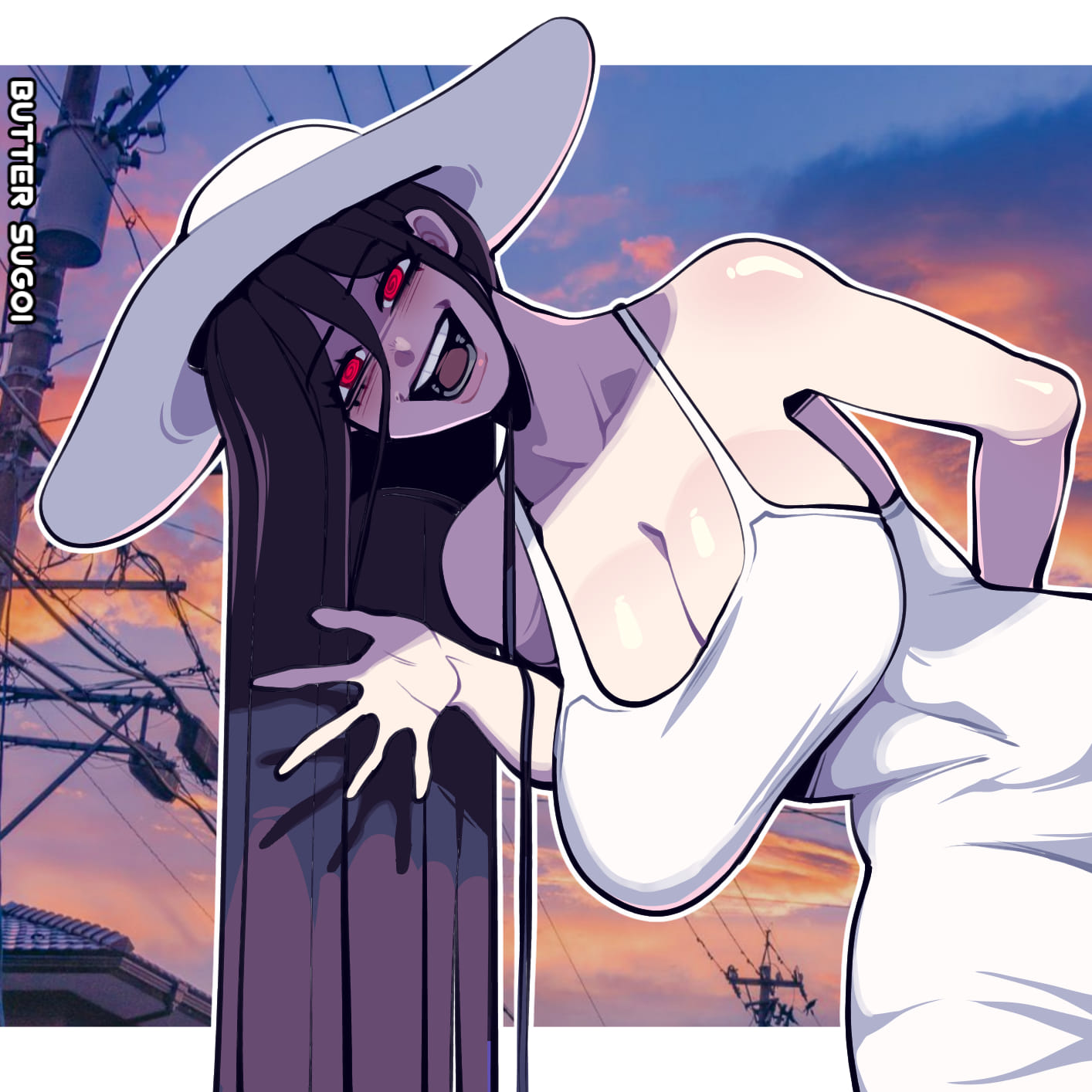 1girl @_@ arm_behind_back artist_name balcony breasts butter_sugoi dress hasshaku-sama hat highres large_breasts long_dress long_hair narrow_waist open_mouth original photo_background red_eyes smile solo very_long_hair waving white_dress white_hat