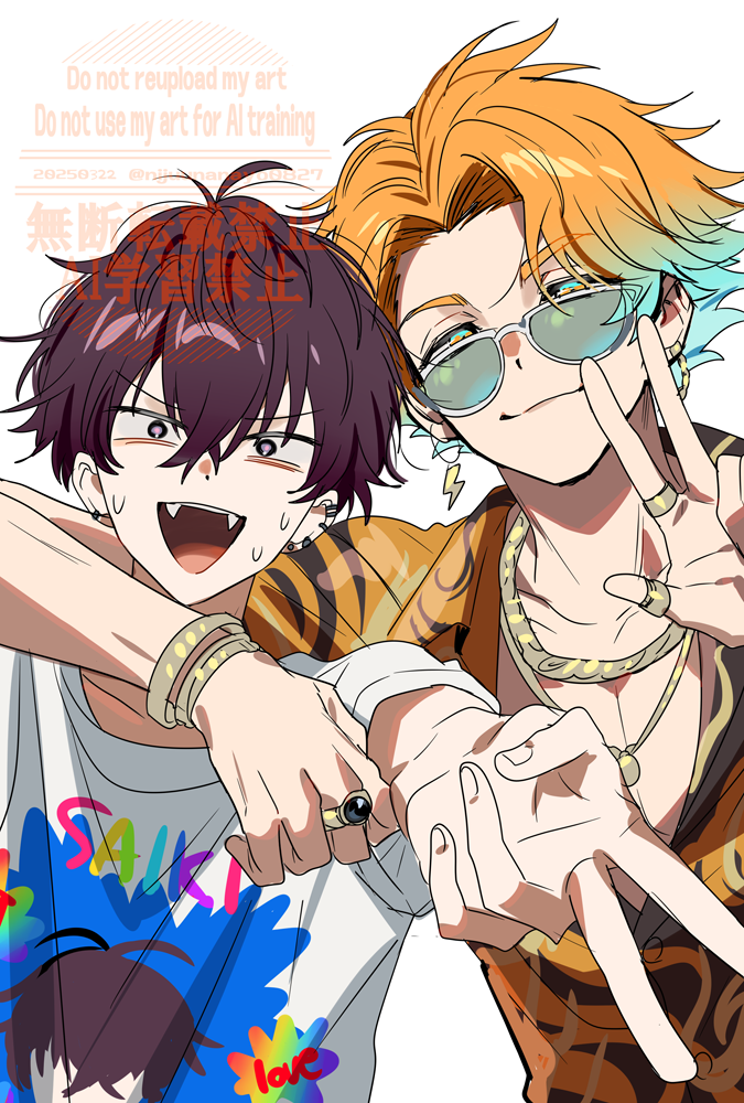 2boys :d arm_around_waist black_shirt blue_eyes blue_hair brown_shirt closed_mouth collarbone dated earrings english_text fangs gradient_hair hair_between_eyes jewelry lightning_bolt_earrings lightning_bolt_symbol male_focus multicolored_hair multiple_boys nijisanji ninahachi open_mouth orange_hair parted_bangs purple_eyes purple_hair ring saiki_ittetsu saiki_ittetsu_(2nd_costume) shirt short_sleeves simple_background smile sunglasses sweat twitter_username upper_body usami_rito usami_rito_(2nd_costume) v v-shaped_eyebrows virtual_youtuber watermark white_background white_shirt